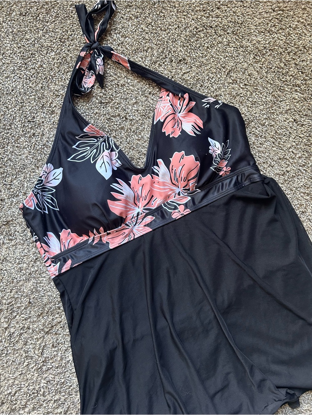 Black and Pink Floral Halter One-Piece Swimsuit - XL